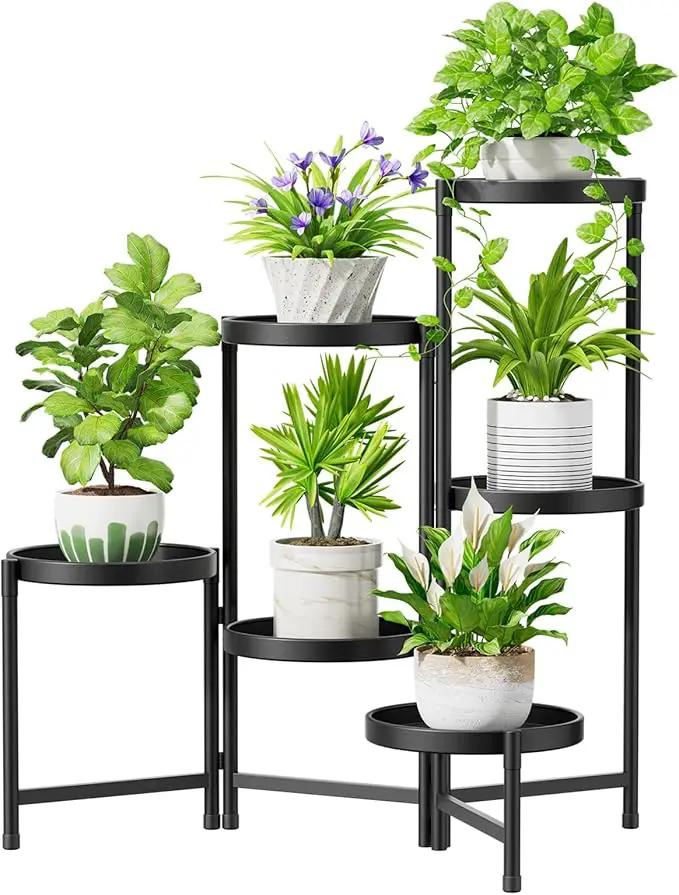 iDavosic.ly 6 Tier Large Plant Stand Indoor with 10 Inch Wide Tray, Tiered Corner Metal Outdoor Flower Display Holder Shelf, Folding Tall Rack for Patio Porch Living Room, Modern Black by GreenHaven Gardens