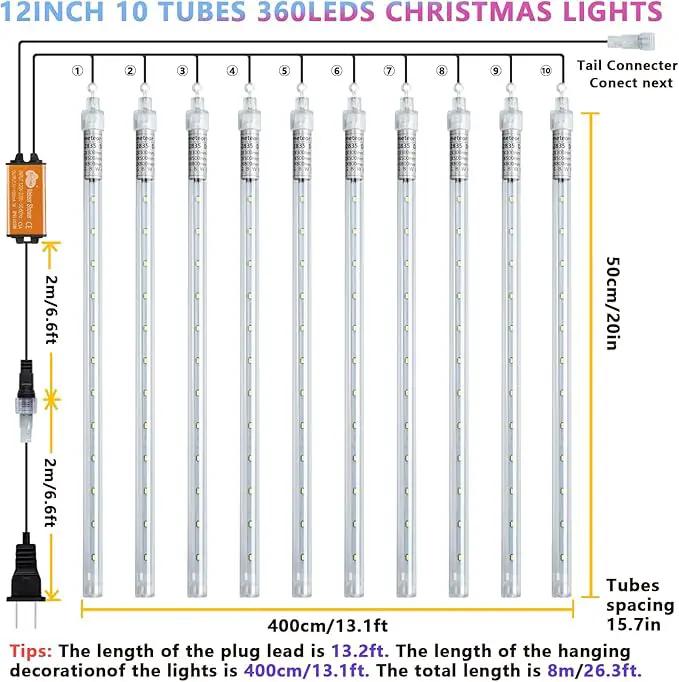 Christmas Meteor Shower Lights Outdoor - 12 Inch 10 Tube 360 LED High Brightness Falling Rain Icicle Cascading Lights for Xmas Tree Roof Eaves Patio Decor by GreenHaven Gardens