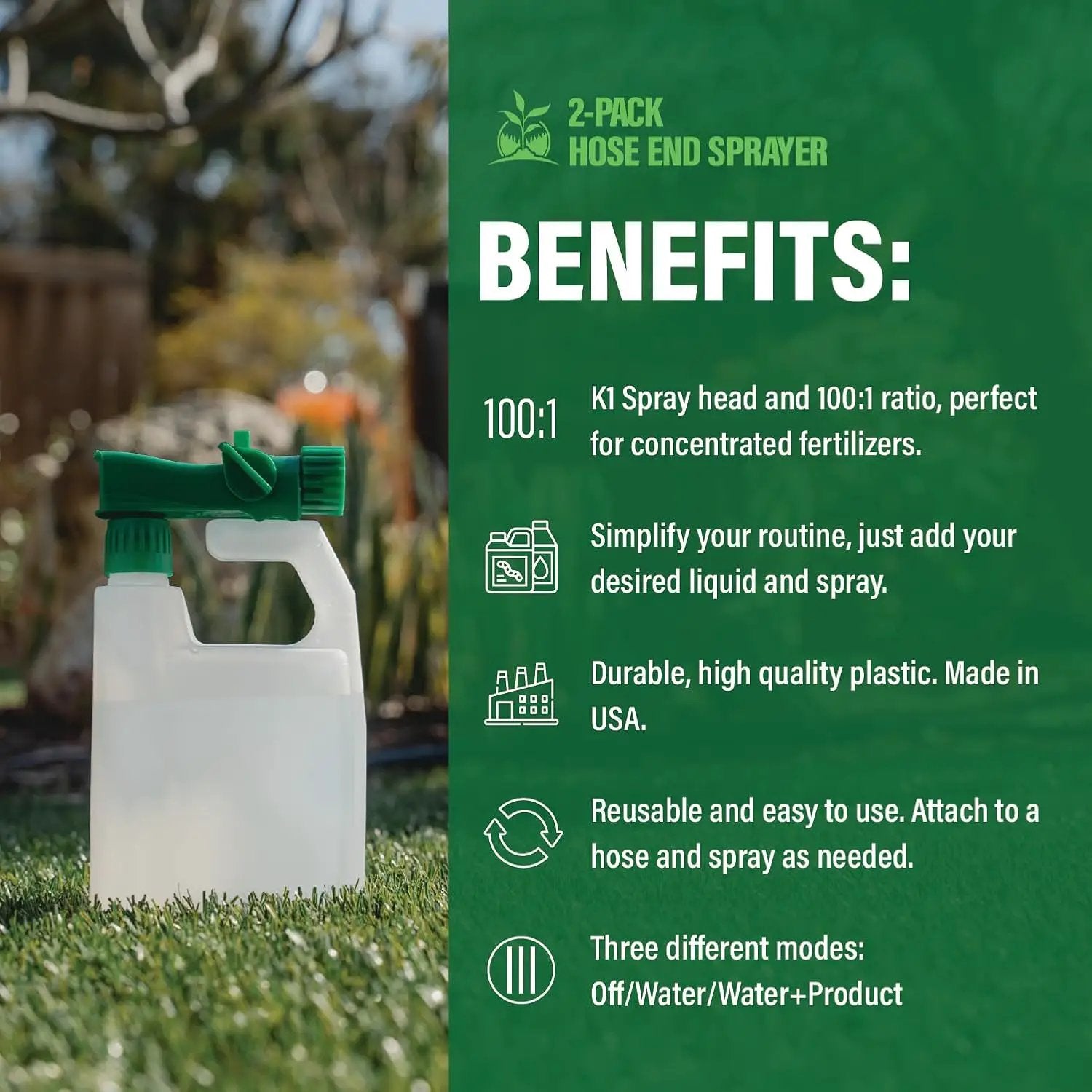 Humboldts Secret 2-Pack Garden Hose End Sprayer | Multipurpose Lawn Attachment with 100 to 1 Mixing Ratio | Garden Sprayer for Lawn Care, Fertilizing, Car Wash & Outdoor Use | 32 ounce by GreenHaven Gardens