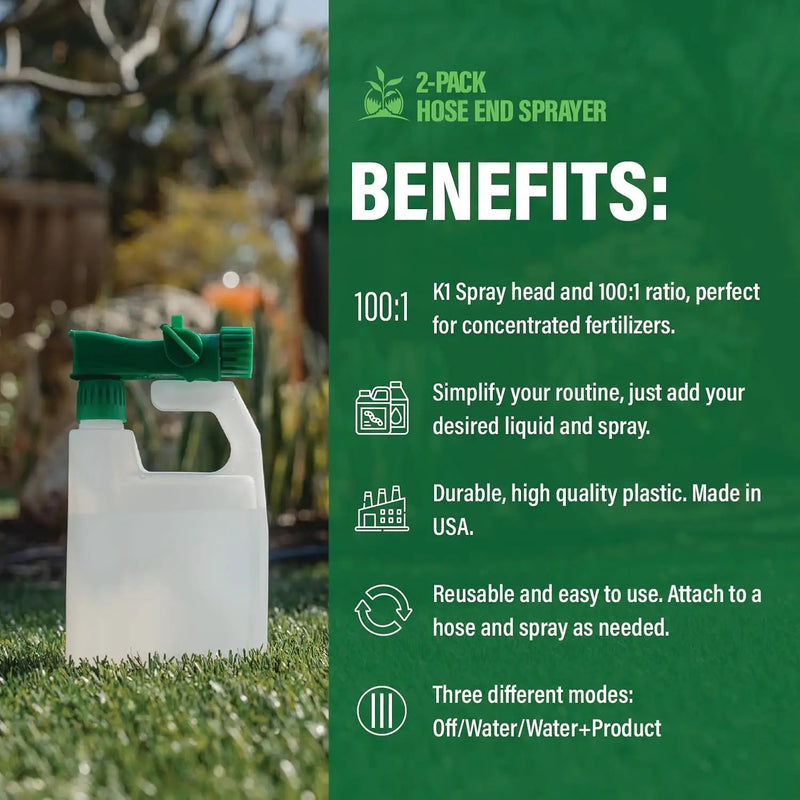 Humboldts Secret 2-Pack Garden Hose End Sprayer | Multipurpose Lawn Attachment with 100 to 1 Mixing Ratio | Garden Sprayer for Lawn Care, Fertilizing, Car Wash & Outdoor Use | 32 ounce by GreenHaven Gardens