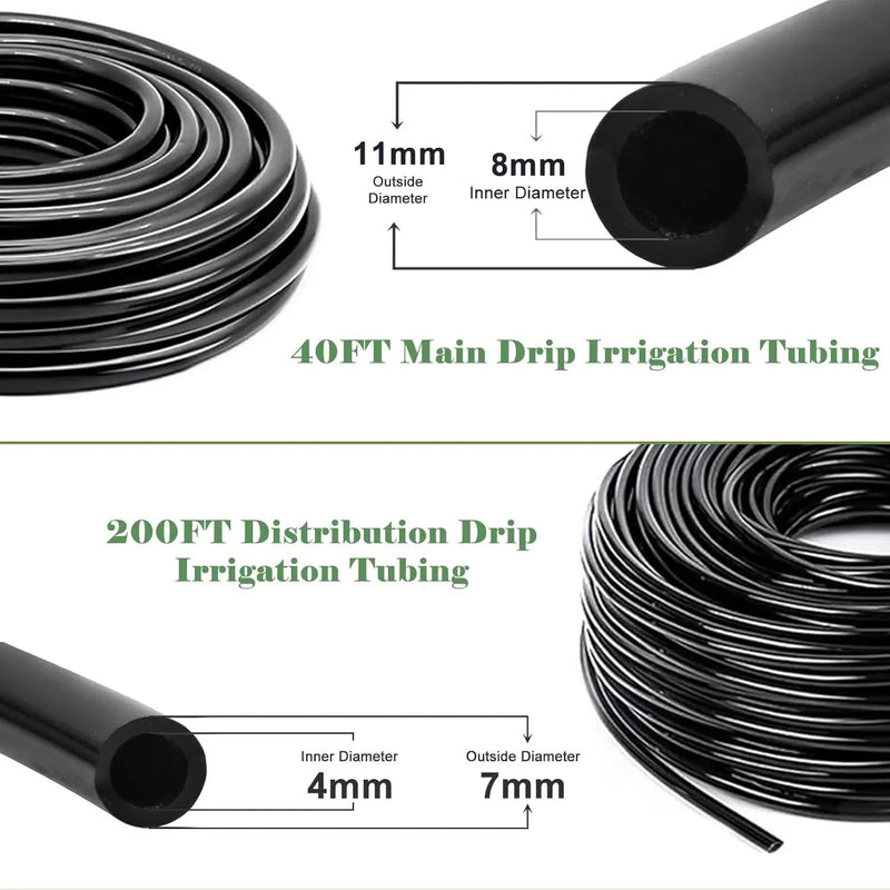 200FT+40FT Drip Irrigation System, Garden Watering System with 8/11mm Main Tubing 4/7mm Distribution Irrigation Tubing and Accessories, Irrigation System for Garden, Greenhouse, Yard, Lawn, Plant by GreenHaven Gardens