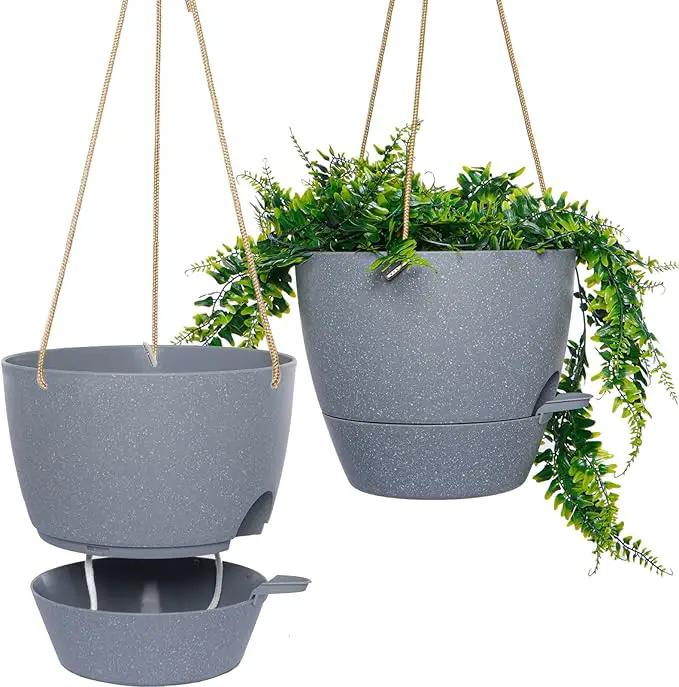 10 Inch Self Watering Hanging Pots, 2 Pack Hanging Planters with 40oZ Deep Reservior for Indoor Outdoor Plants Flowers, Grey by GreenHaven Gardens