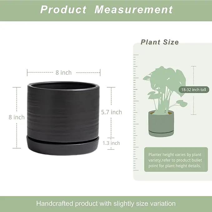 8 Inch Pots for Plants, Ceramic Planter Pot with Drainage Hole & Saucer, Indoor/Outdoor Cylinder Round Planter Pot, Matte Black by GreenHaven Gardens