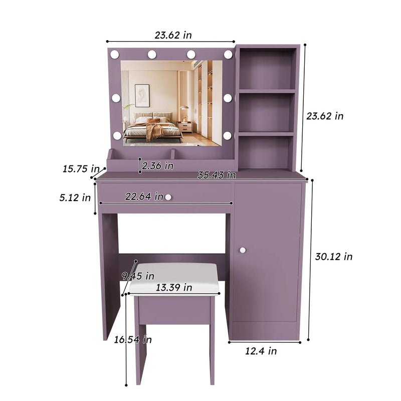 Stylish Vanity Desk Set with Padded Stool & Adjustable Lighted Mirror by HouseOfZazla