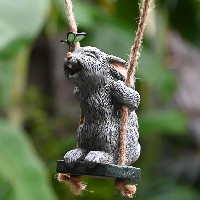 OwMell Garden Rabbit Statues, Cute Swing Bunny with Butterfly Statue Decoration for Yard Hanging Outdoor, Tree Ornaments Figurine for Stump Branch Lawn Patio Decor by GreenHaven Gardens