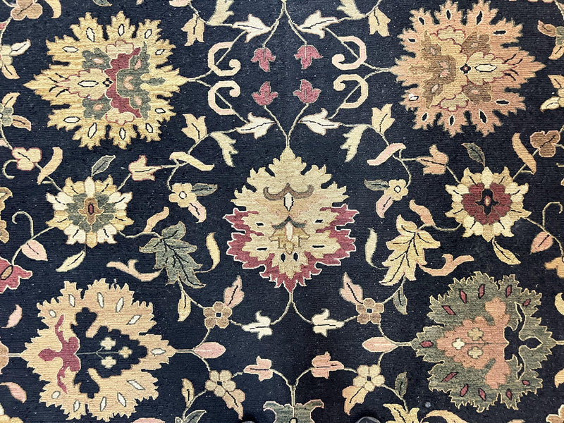Indo Persian Rug 10x14, Wool Handmade Room Sized Floral Oriental Carpet, Indian Mahal Flatweave Rug, Black Beige by Jewel Rugs