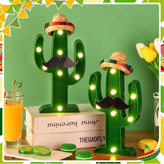 12 Pcs Cinco de Mayo LED Cactus Light with Mini Sombrero Straw Hats and Fake Beard Cinco De Mayo Table Decor Mexican Party Supplies for Table Room Bedroom Party Decoration (4.72 x 2.76 Inch) by GreenHaven Gardens