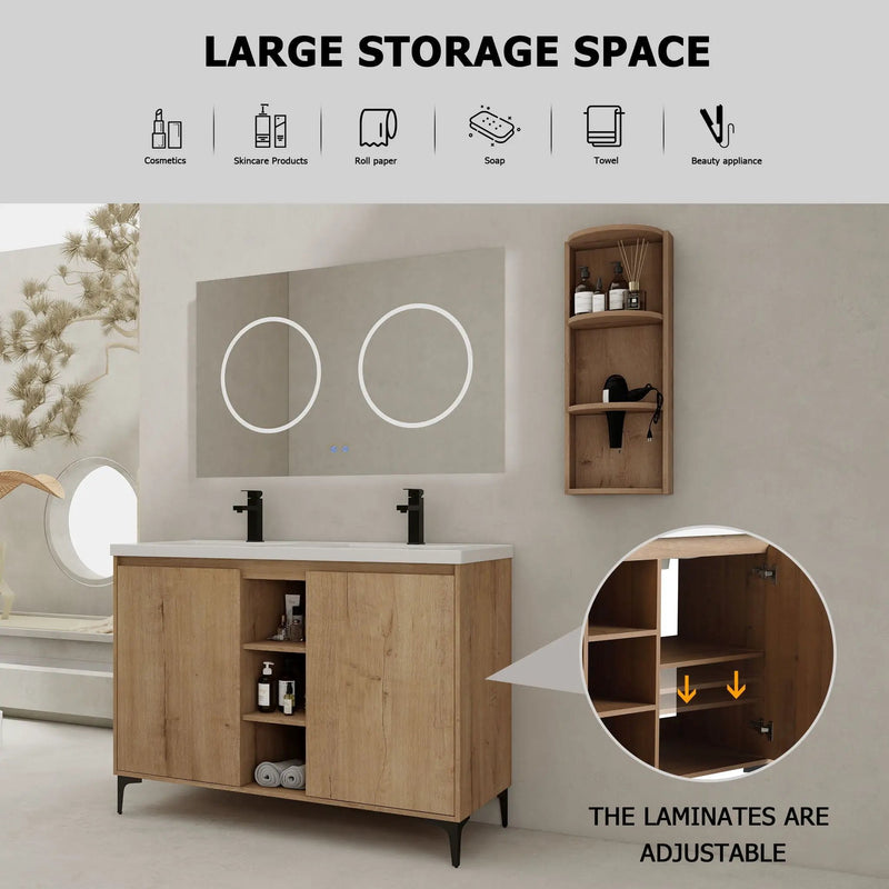Elegant 48" Freestanding Bathroom Vanity With Double Resin Sink And Storage Rack Soft Close Doors - Imitative Oak by Unique Piece Furniture
