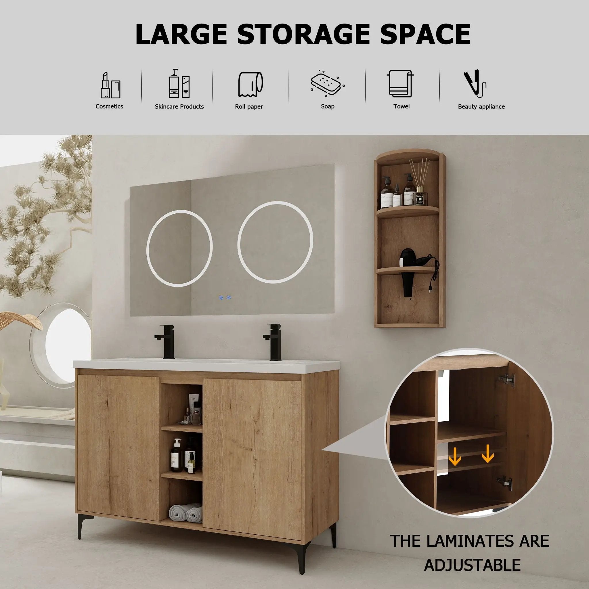 Elegant 48" Freestanding Bathroom Vanity With Double Resin Sink And Storage Rack Soft Close Doors - Imitative Oak by HouseOfZazla