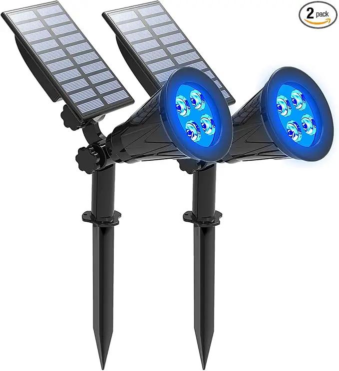 T-SUNUS Blue Solar Lights Outdoor Waterproof IP65, 2 Pack Garden Spotlights, Auto-on/Off Security Landscape Pond Spot Light 2 Modes for Halloween Christmas Tree Patio Garage Yard Driveway Pool Fence by GreenHaven Gardens