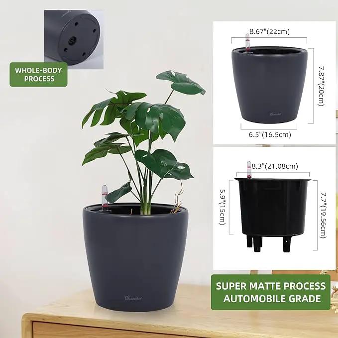 Dexceder 9x8 Inches Self Watering Planter Indoor Outdoor, Inner Pot Design, Thickened Table Flower Plant Pot with Water Level Indicator (Slate Gray Matte) by GreenHaven Gardens