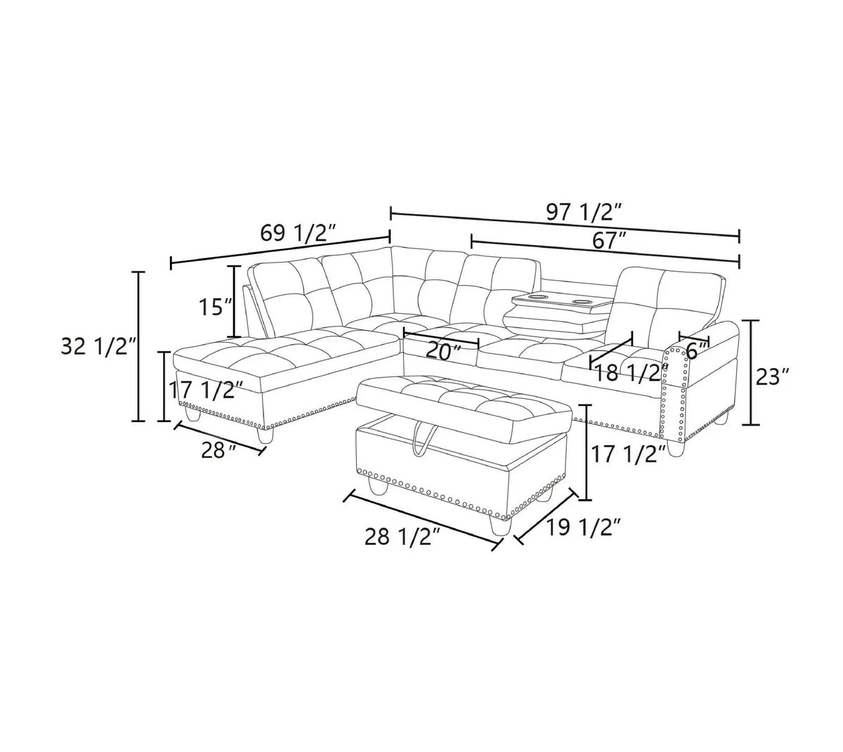 Reversible L-Shaped Sectional Couch with Storage Ottoman, Tufted by HouseOfZazla