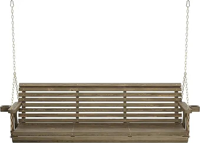 Amish Casual 6 Foot Roll Back Porch Swing with Cup Holders in Dark Walnut Stain - Amish Made in The USA from Treated Pine Heavy Duty 700 Lb. Weight Capacity by GreenHaven Gardens