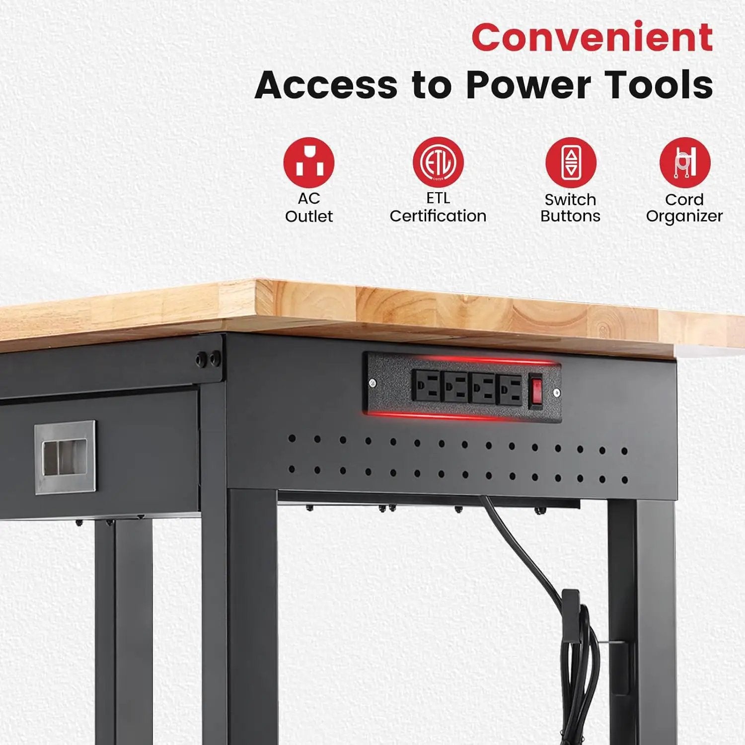 Work Bench for Garage 48 x 24 Inch Adjustable Height Workbenches with Drawers Heavy Duty Rubberwood Tabletop Work Table with Pegboard, Power Outlets for Office Home Commercial by GreenHaven Gardens