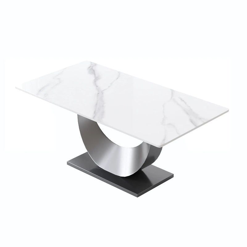 70.87" Modern Artificial Stone Crescent-Shaped Metal Legs, Can Accommodate 6-8 People - White / Black by HouseOfZazla