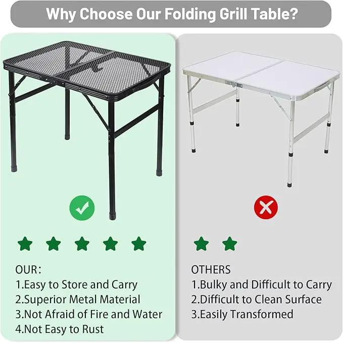 Folding Grill Table Metal Portable Camping Table with Mesh Desktop Lightweight & Foldable Height Adjustable Black Picnic Table for RV, BBQ Outside Inside by GreenHaven Gardens