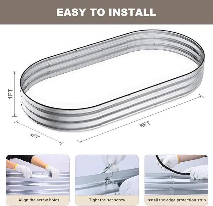 Raised Garden Bed, 8x4x1ft Galvanized Outdoor Planter Beds with Safety Edging and Gloves, Oval Metal Planter Box for Gardening Vegetables Flowers Herb by GreenHaven Gardens