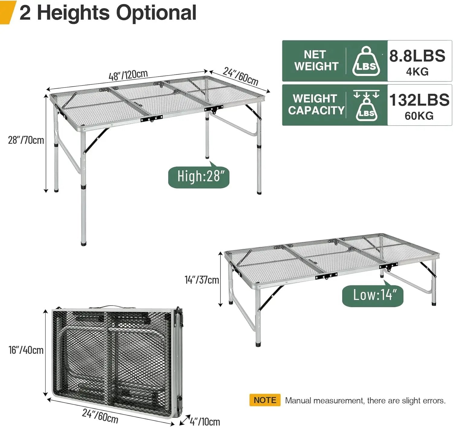 RedSwing Portable Grill Table for Outside, Aluminum Folding Grill Stand Table for Outdoor Camping Picnic BBQ, Lightweight Adjustable Height, (48"x24"x15"/28" Sliver) by GreenHaven Gardens