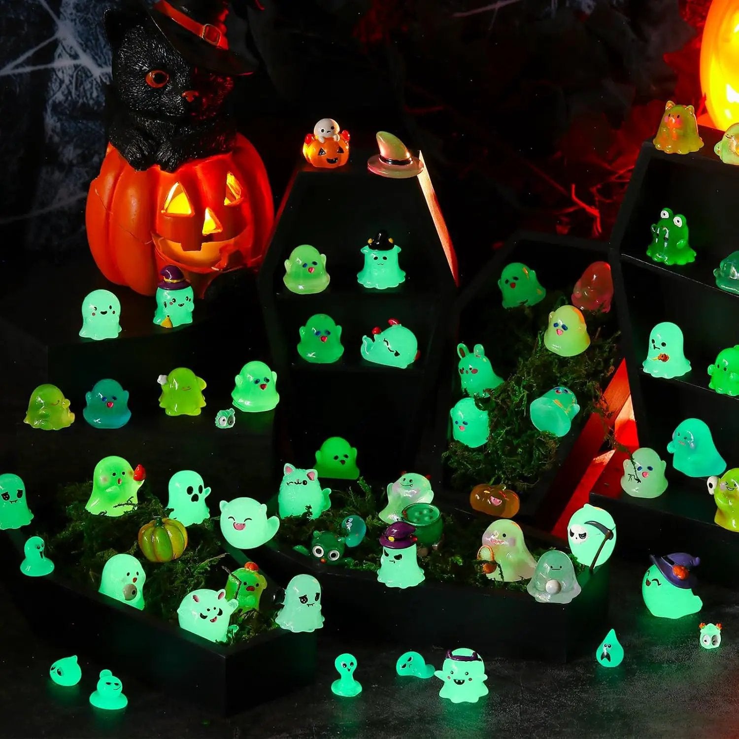 58 Pcs Halloween Luminous Mini Figures Glow in Dark Tiny Resin Figures Set Fairy House Diorama Accessories Halloween Pumpkin Ghost Skull Ornament for Garden Dollhouse Craft DIY (Wizard) by GreenHaven Gardens