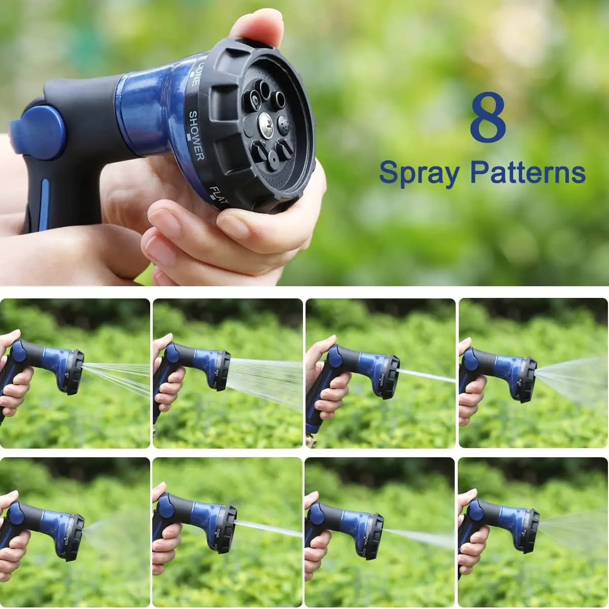 FANHAO Garden Hose Nozzle 100% Heavy Duty Metal Water Hose Sprayer with 8 Spray Patterns, High Pressure Spray Nozzle with Thumb Control, On Off Valve for Watering Plants, Washing Cars & Pets, Blue by GreenHaven Gardens