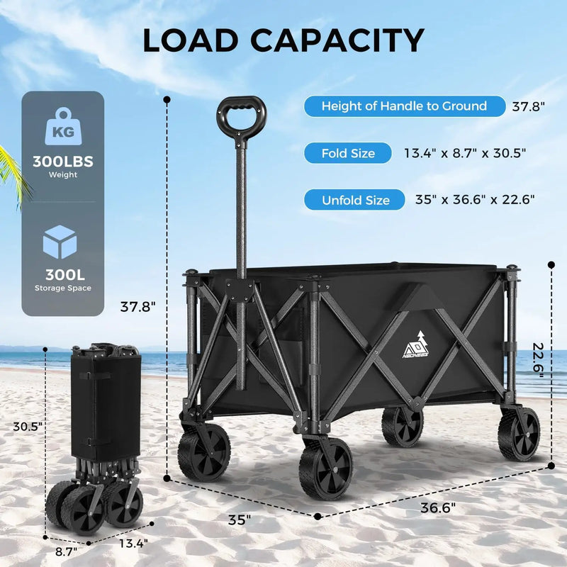 Collapsible Wagon Carts with Large Capacity, Foldable Grocery Cart with Side Pockets for Outdoor,Utility Beach Wagons Heavy Duty,300lb Load-Bearing for Camping, Garden, Sports, Shopping-Black by GreenHaven Gardens