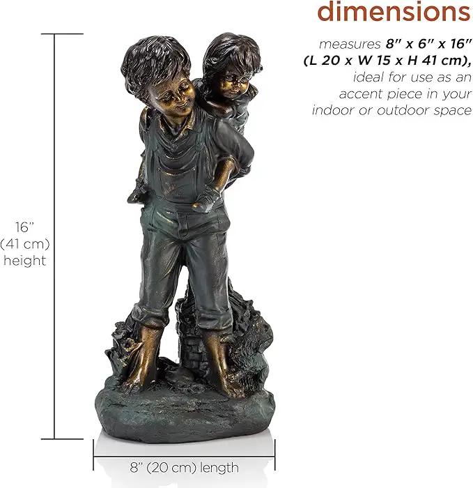 Alpine Corporation 16" Tall Indoor/Outdoor Patina Finish Piggyback Kids Yard Statue Decoration by GreenHaven Gardens