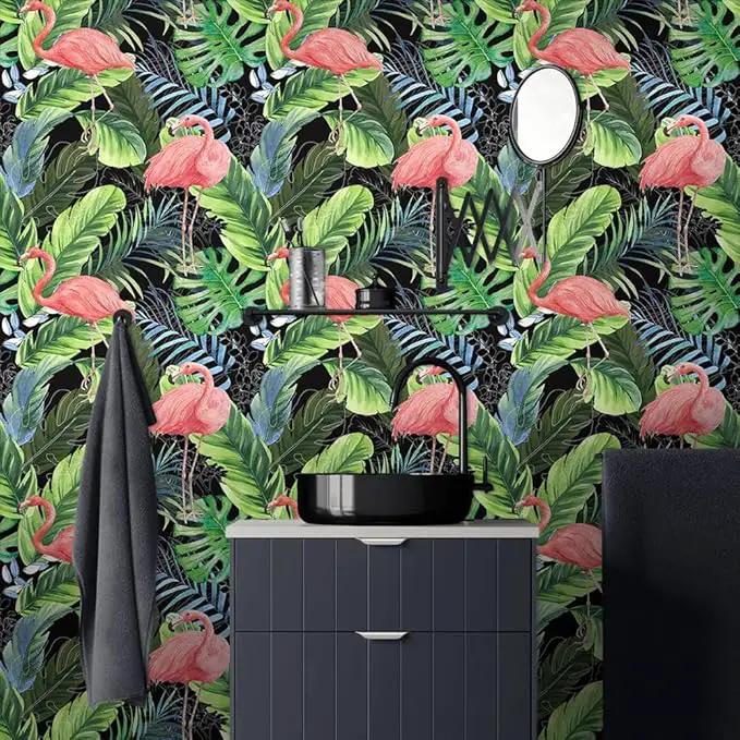 Hawaii Tropical Flamingo Palm Tree Peel and Stick Wallpaper Self Adhesive Removable Easy Peel Off Stick on Wall Paper for Bedroom Cabinet Renter by GreenHaven Gardens
