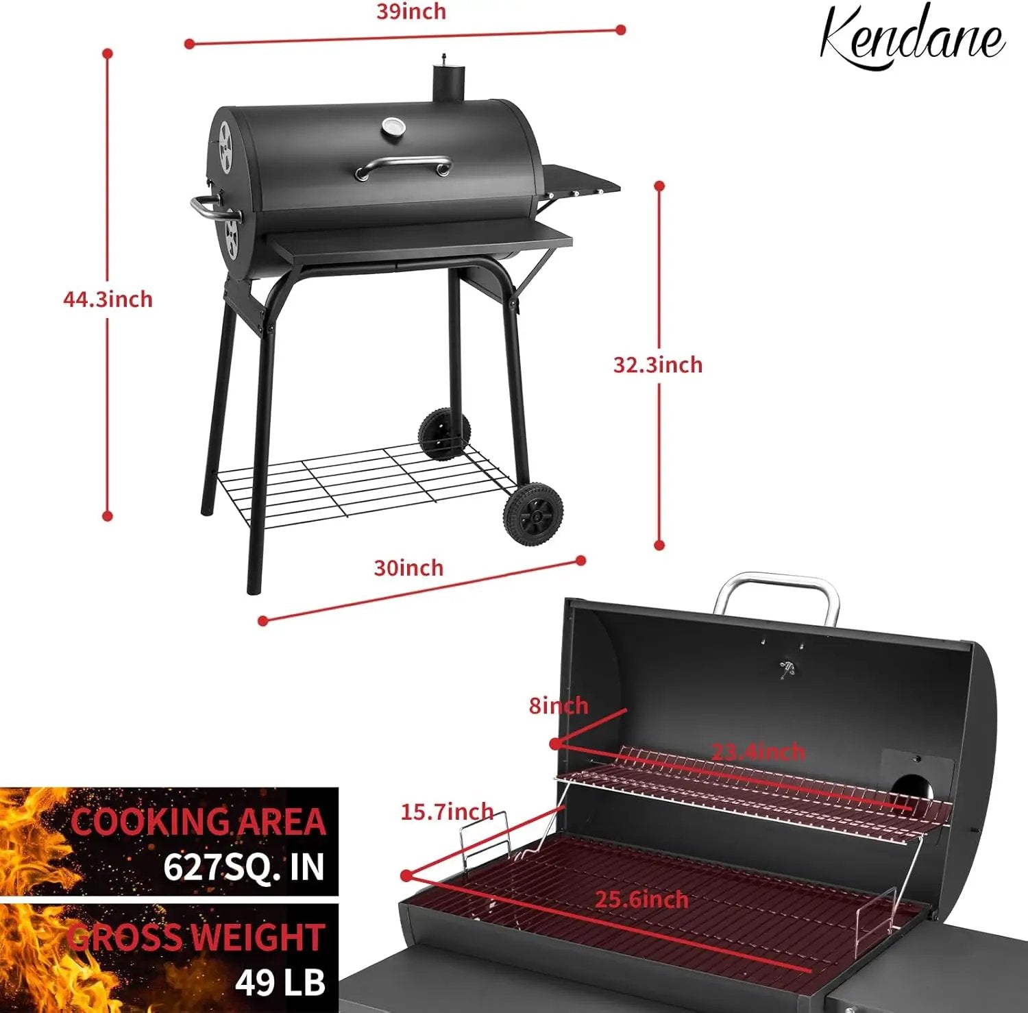 Barrel Charcoal Grill, Large Charcoal Grills with Front and Side Shelf, 627 Square Inches Cooking Grid, Outdoor BBQ Grill, Perfect for Backyard Camping, Patio Parties, and Picnics by GreenHaven Gardens
