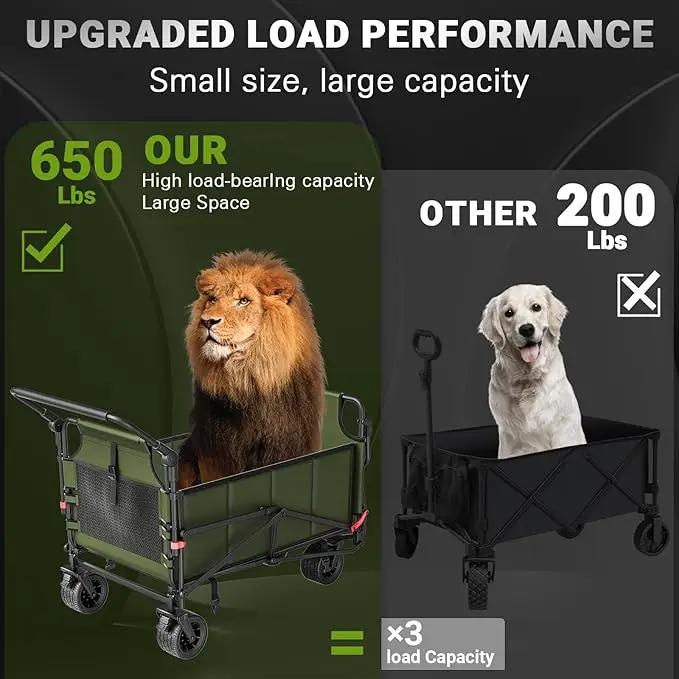 LEVELEVE Heavy Duty Folding Wagon - 2-in-1 Collapsible Cart, 650lb Capacity, All-Terrain Wheels w/Brakes & Side Pockets (Army Green) by GreenHaven Gardens