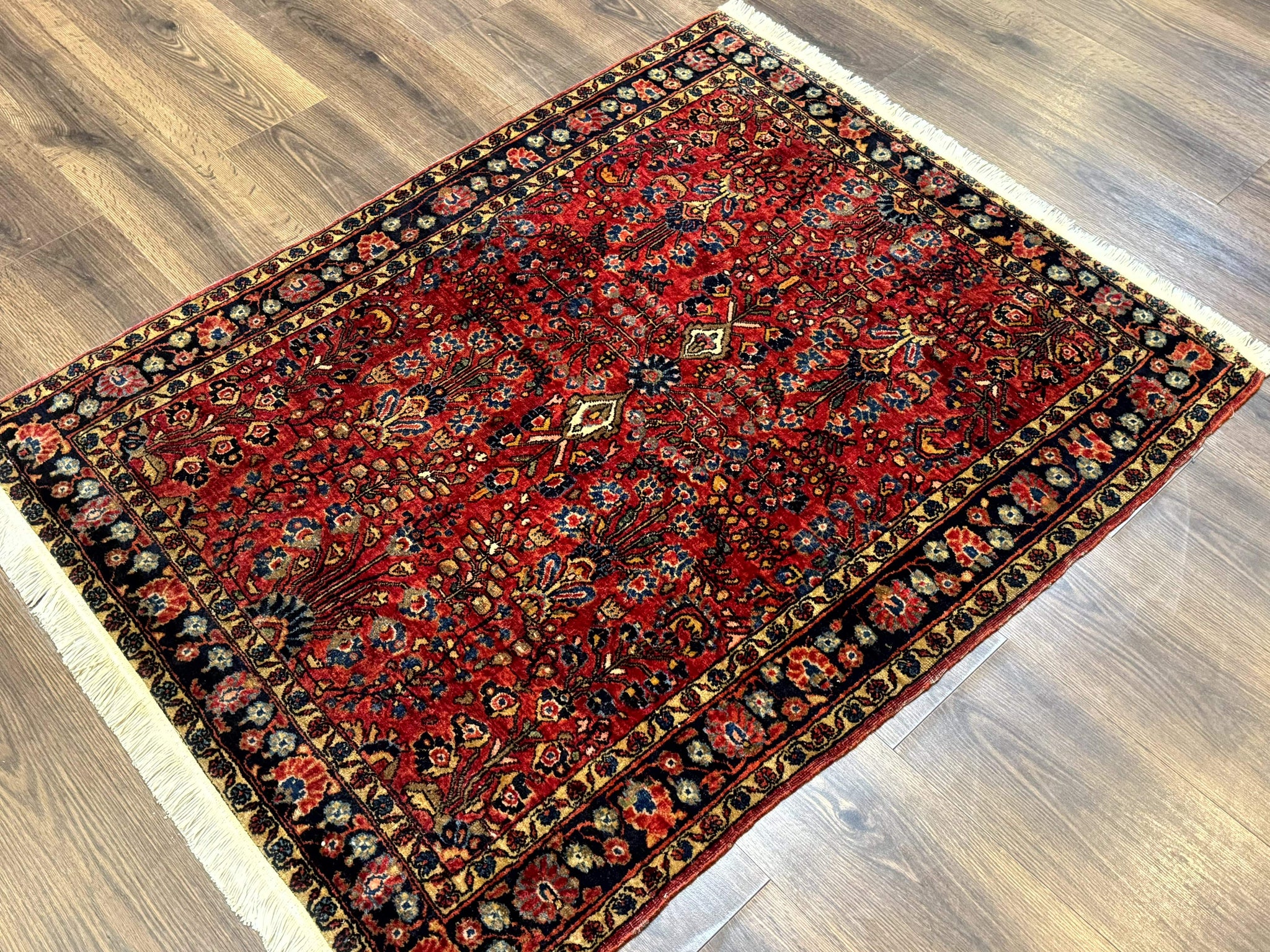Antique Persian Sarouk Rug 3x4, Red, Floral, 1920s Wool Rug by Jewel Rugs