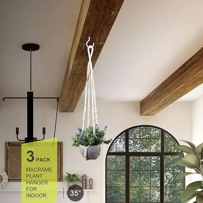 RIFNY Macrame Plant Hanger for 5 to 10 Inch Plant Pots, 35 Inch Indoor Handmade Woven Rope Hanger Kits with Hooks and Wood Beads, Hanging Planter Basket Holder for Boho Home Decor (White, 3 Pack) by GreenHaven Gardens