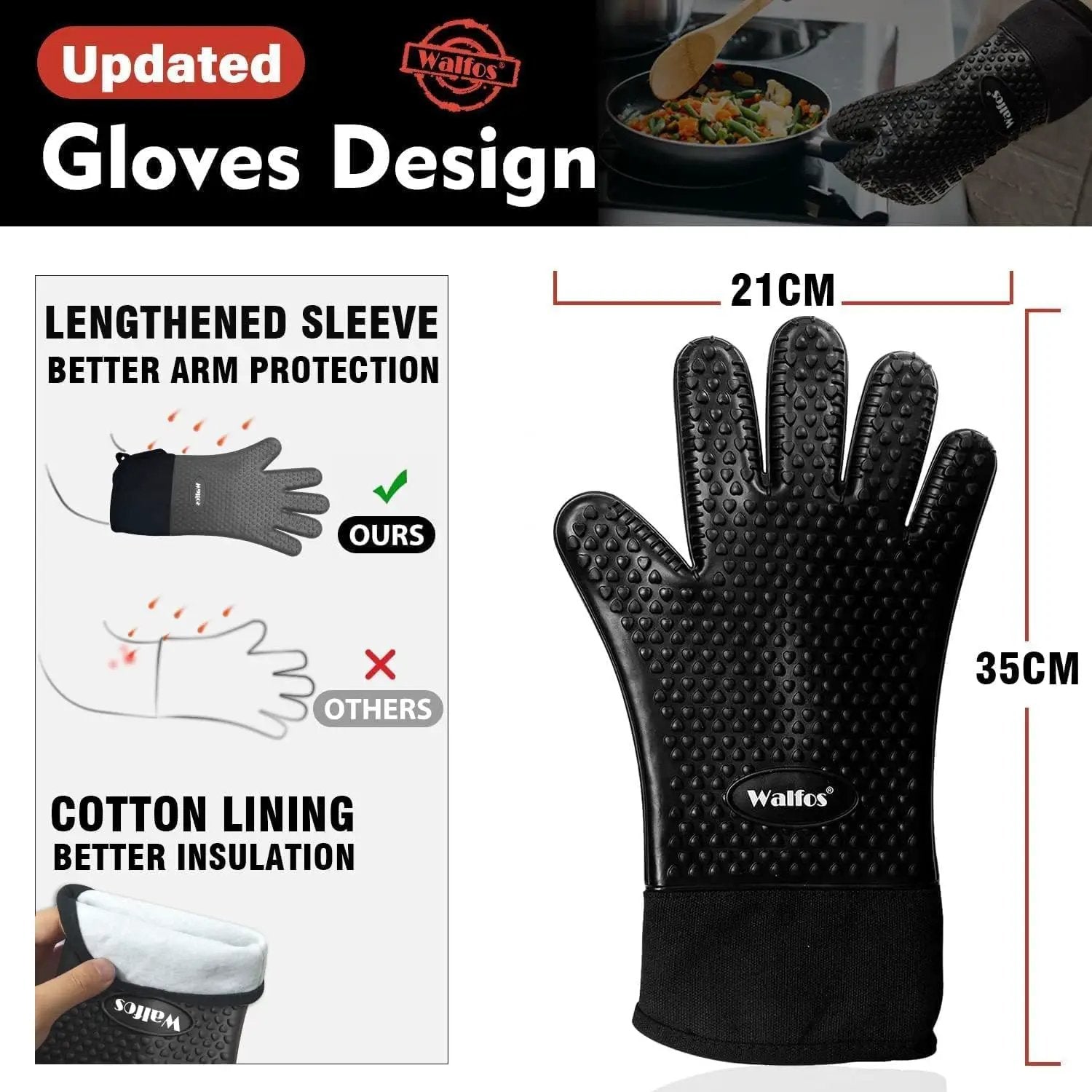 Walfos Silicone BBQ Gloves - Heat Resistant Grilling Gloves, Premium Non-Slip Kitchen Silicone Oven Mitt With Protective Cotton Layer Inside, Waterproof, Great for Grilling, Kitchen and Cooking, Black by GreenHaven Gardens