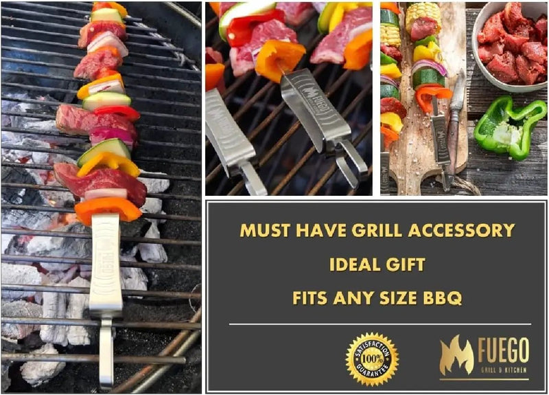 Fuego Skewers for Grilling - 17" Stainless Steel Flat Blade with Push Slider | Reusable & Dishwasher Safe | BBQ Skewers and Shish Kabob | Set of 8 by GreenHaven Gardens