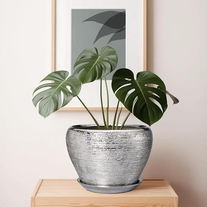 Flower Pot for Indoor Plants - Ceramic Planter 10 Inch Plant Pot with Drainage Hole and Saucer Large Decorative Planter Outdoor Mid-Century Planter for House Silver by GreenHaven Gardens