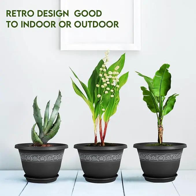 8 Inch Plant Pots with Drainage Hole - Lightweight Flower Pots for Herbs and Flowers - Home Decor Plastic Planters for Indoor Outdoor Plants- Pack of 6 (Black, 8 inch) by GreenHaven Gardens