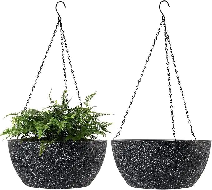 WOUSIWER 13 inch 2Pack Large Hanging Planters for Outdoor Indoor Plants with Drainage Holes and Chain, Round Hanging Flower Pots for Garden Home Porch Decor, Black Speckles by GreenHaven Gardens