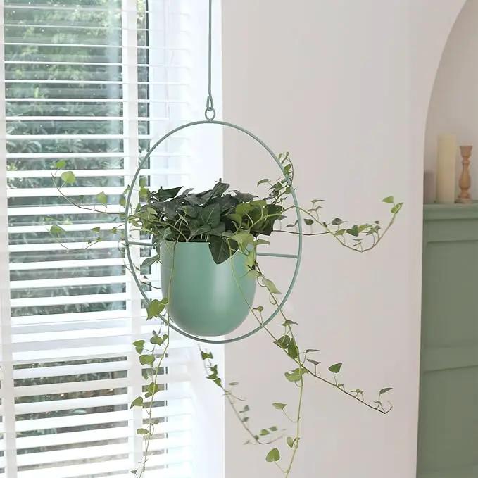 Hanging Planters 2 Pack Boho Mid Century Hanging Plants Hangers Metal Wall Ceiling Flower Pot Indoor Outdoor Vine Holder Room and Window Decor(Green) by GreenHaven Gardens