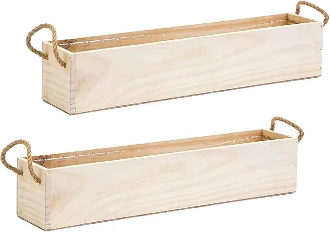 Wooden Planter Box, Rustic Barn Wood/Whitewash with Plastic Liner l Garden Decor l Restaurant and Wedding Decorations l Table Centerpiece (20x4 w Handle Set of 2, Rose Wood) by GreenHaven Gardens