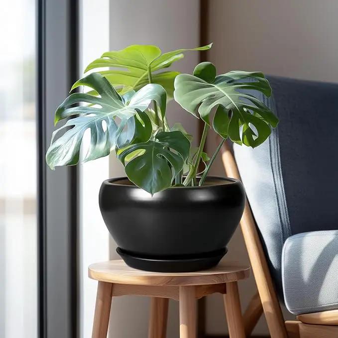 Ceramic Pot for Plants - 11 Inch Plant Pot Indoor with Drainage Hole and Saucer Large Planter Decorative Planter Modern Outdoor Flower Pot for House Balcony Black by GreenHaven Gardens