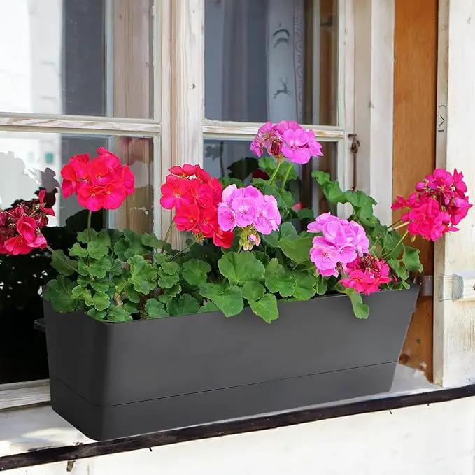 GREANER Rectangle Window Boxes, 6PCS 16x3.8 Inch Black Herb Planters with RemovableTray and Drainage Hole, Succulent Flowers Plastic Pot for Balcony, Office, Windowsill, Garden, Outdoor Decoration Use by GreenHaven Gardens