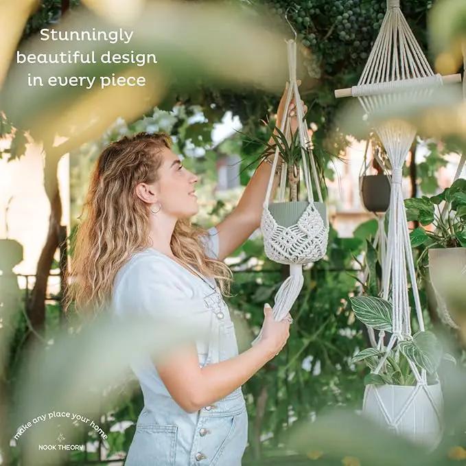 Nook Theory 4-Pack Macrame Plant Hanger - with 8 Ceiling Hooks - Hanging Planter Indoor Outdoor - Hanging Plant Holder - Decorative Bohemian Plant Hangers - Hanging Plants (Black) by GreenHaven Gardens