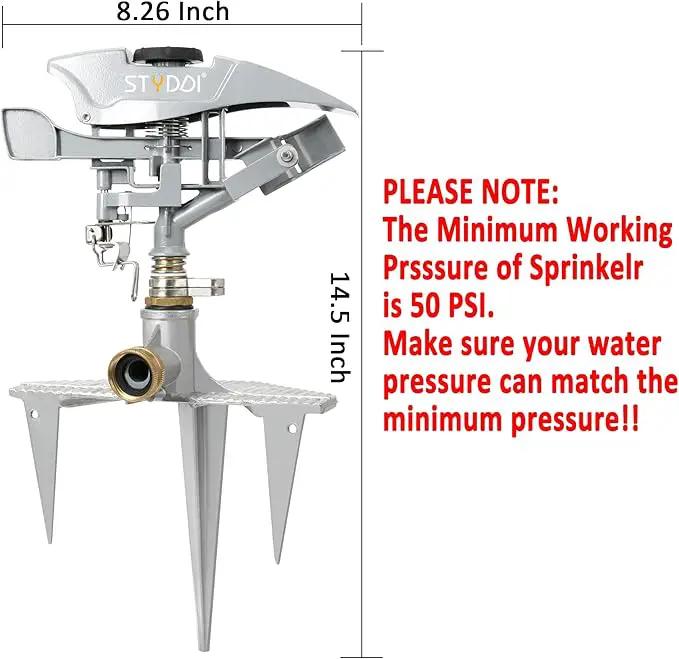 STYDDI Professional Heavy Duty Pulsating Sprinkler on Metal 3-Pronged Step Spike, Metal Pro Adjustable Circular Sprinkler for Large to Extra Large Yard, Areas, Lawn, Coverage up to 8500 Sq.FT by GreenHaven Gardens