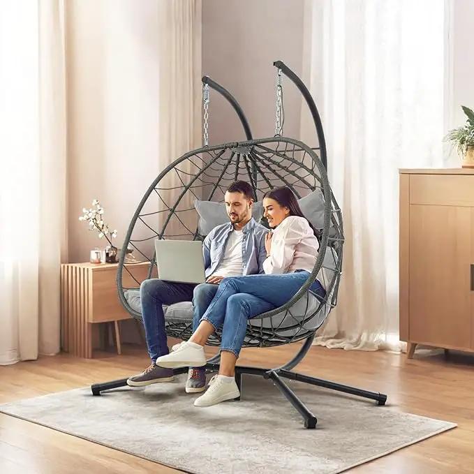 2 Person Double Egg Swing Chair with Stand Indoor Outdoor, Hammock Egg Chair Outdoor, Patio Wicker Hanging Egg Chair w/Cushion 700LBS Capacity for Bedroom, Balcony, Garden, Grey by GreenHaven Gardens