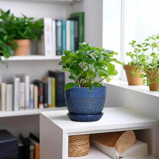 G EPGardening Plant Pots Indoor 5 Inch - Ceramic Pot for Plants with Drainage Hole and Saucer Round Planter Outdoor Modern Flower Pot Home Office Decor Blue by GreenHaven Gardens