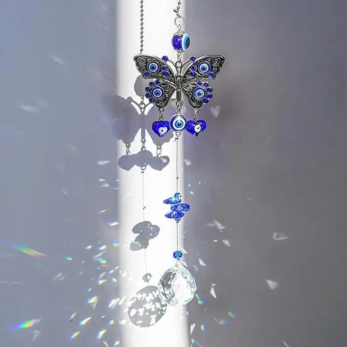 Turkish Blue Evil Eye Butterfly Wall Hanging with Crystal Suncatcher Ornament for Home Decor Protection Good Luck Blessing Housewarming Birthday Gift by GreenHaven Gardens