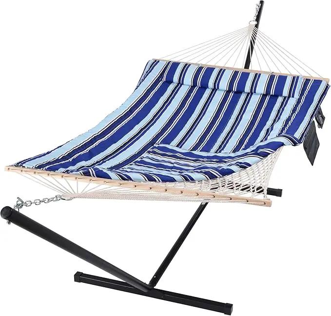 SUNCREAT Double Hammock with Stand, Two Person Cotton Rope Hammock, Blue Stripe by GreenHaven Gardens