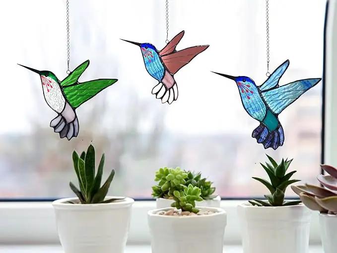 Lolitarcrafts Stained Glass Hummingbird Window Hangings with Flowers, Bird Stained Glass Suncatcher for Window Decor Hummingbird Gifts for Mom,Bird Lovers (Blue A) by GreenHaven Gardens