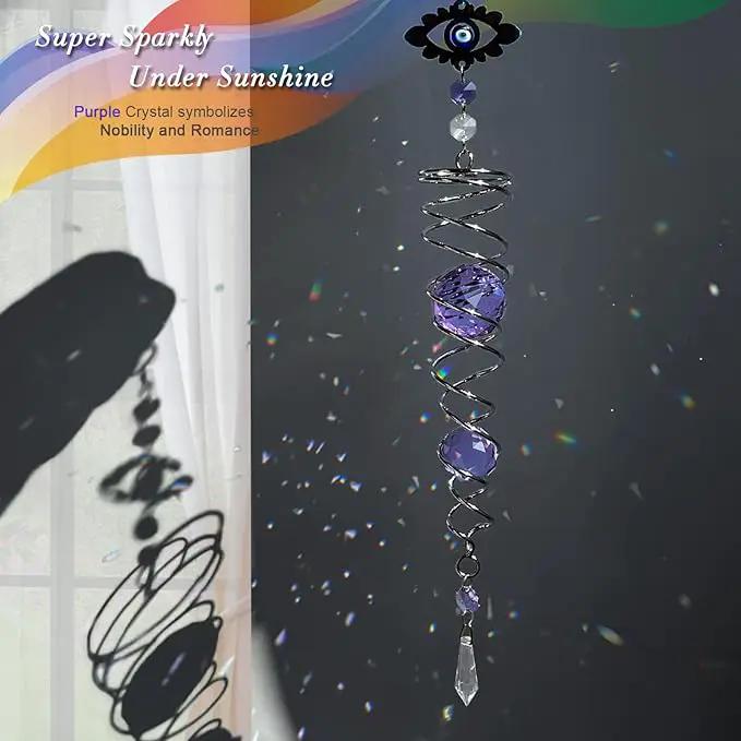 FONMY Evil Eye Gazing Ball Spiral Tail Wind Spinner Sun Catcher Rainbow Maker Silver Spiral W/Purple K9 Crystal Ball Christmas GifTree Hanging Ornament Indoor Outdoor Garden Decor. 19.5inch H by GreenHaven Gardens