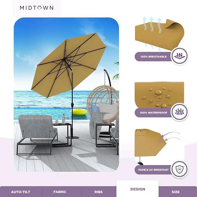 Midtown Umbrellas 10-Year-No-Fade - 9 Ft - UV Proof Sand Tan Polyester Fabric - Umbrella Outdoor Patio, Auto-Tilt Aluminum Frame Patio Umbrella for Garden, Pool & Deck - Black Pole by GreenHaven Gardens