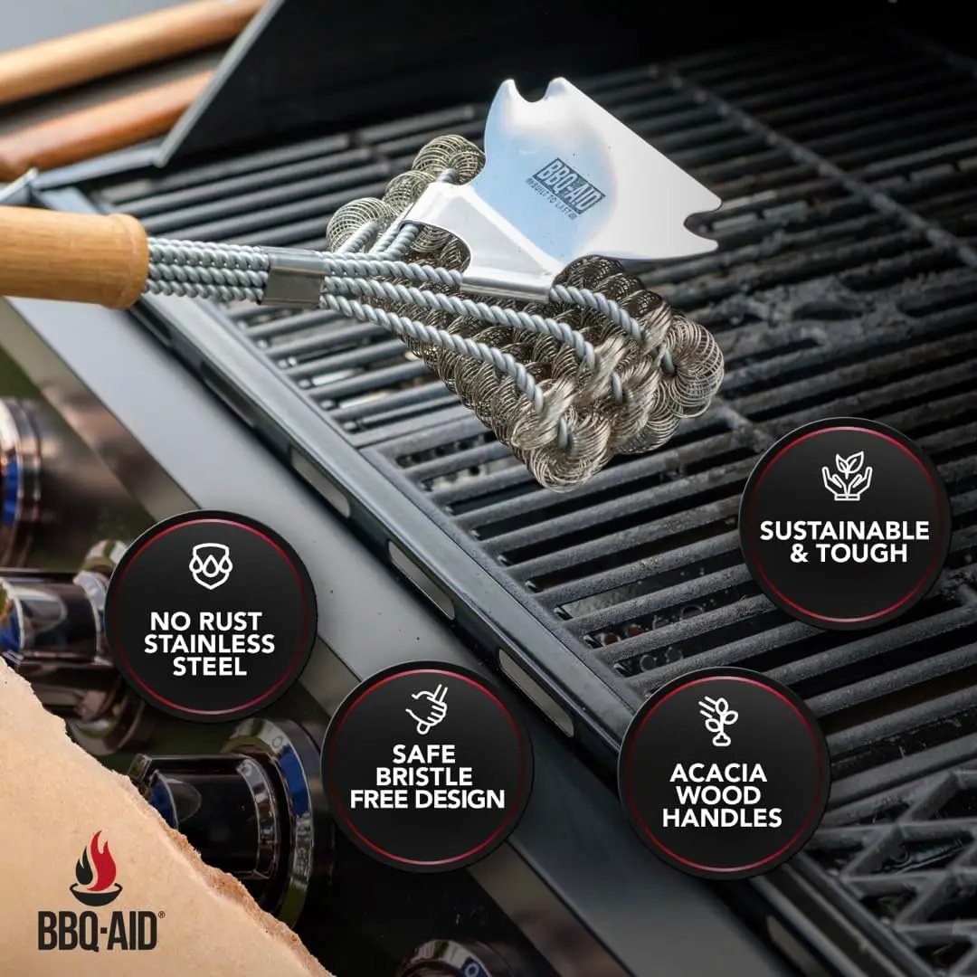 BBQ-AID Grill Brush for Outdoor Grill Bristle Free - 18" BBQ Brush for Grill Cleaning Kit - Safe BBQ Grill Cleaner Brush and Scraper - Stainless Grill Cleaning Brush for Any Grill, Grill Accessories by GreenHaven Gardens